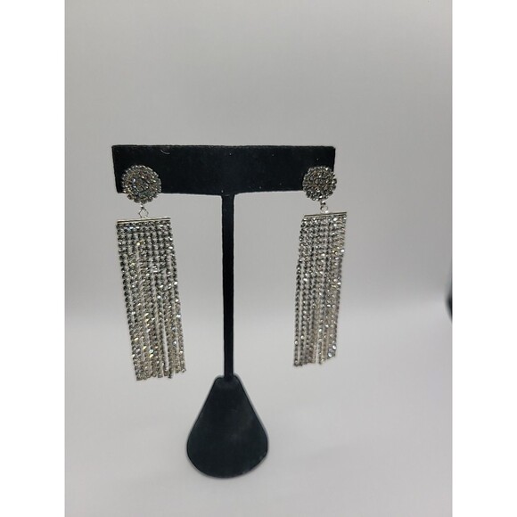 Vintage Silver Tone Rhinestone Tassel Fringe Dangle Earrings Glam Cocktail - Picture 9 of 12